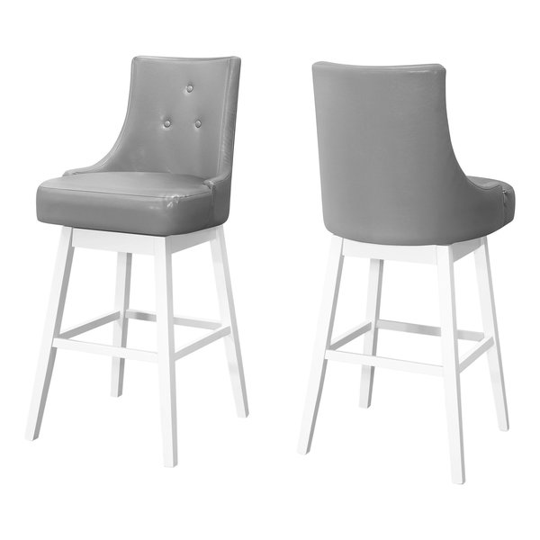 Monarch Specialties Bar Stool, Set Of 2, Swivel, Bar Height, Wood, Pu Leather Look, Grey, White, Transitional I 1243